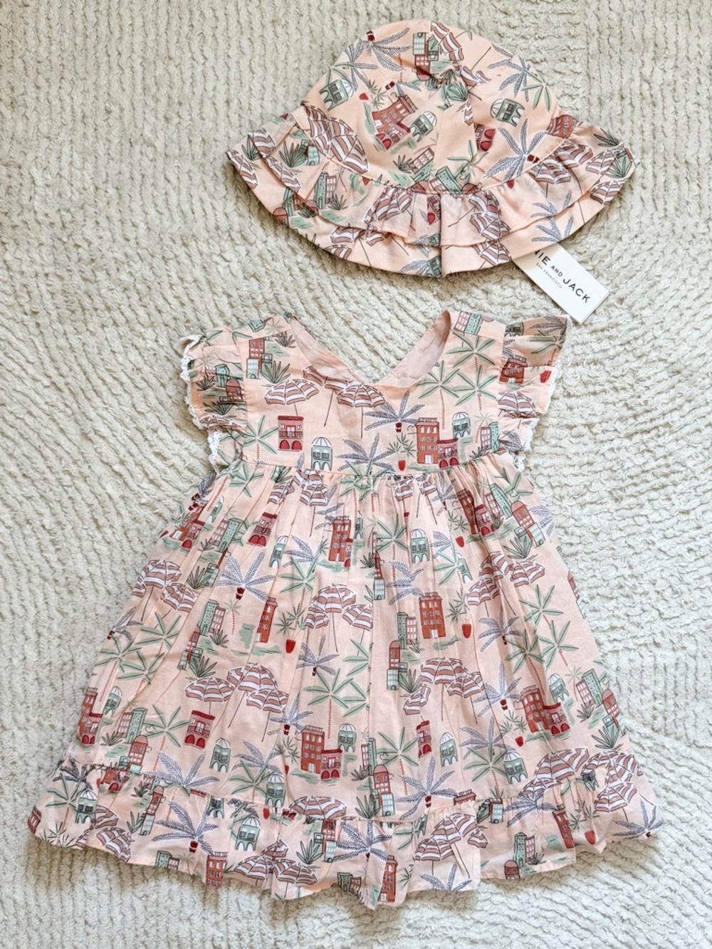 Janie and Jack Pink Tropical Print Dress with Matching Hat NWT
